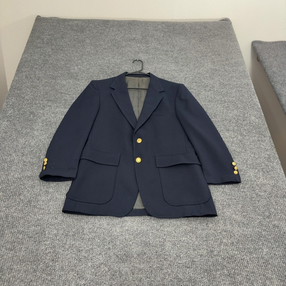 Vintage Sears Blazer Mens 40S Navy Blue Polyester Gold Button Classic Preppy